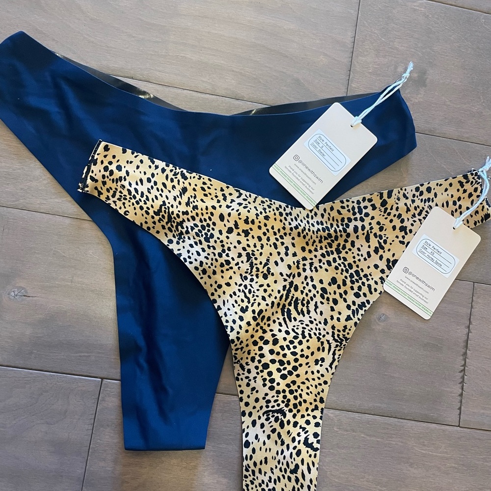 One with lay flat seamless no show swim bottoms thong